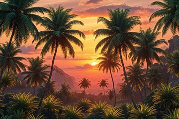 Vivid Exotic Palm Frond Sunset Vacation Visualization in Three-Dimensional Scenery