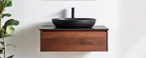 Floating vanity with a dark walnut wood finish and high-end matte black sink