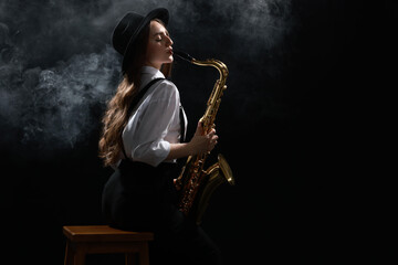Professional musician playing saxophone on dark background with smoke