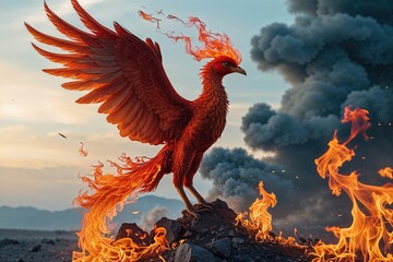 Fototapeta premium Phoenix Resurgence: A Mythic Bird Rising from the Ashes in Flames