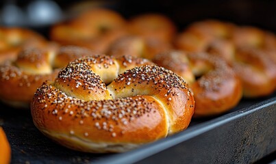 Delicious pretzels freshly baked in a cozy bakery during a sunny morning