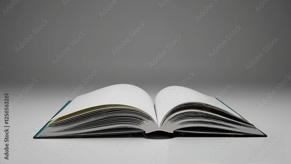 Poster open book lying on a white table with blank pages and a gray background, creating a minimalist and c
