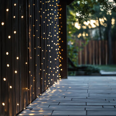 Obraz premium Warm patio fairy lights illuminate a serene evening landscape, casting magical reflections on the wooden wall and cobblestone ground.