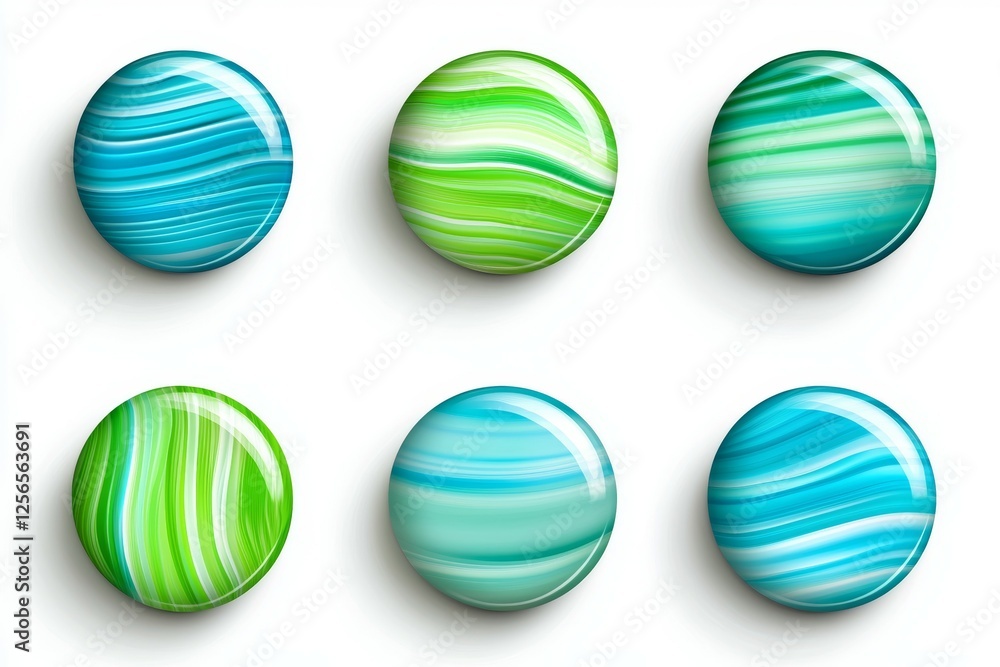Poster set of six colorful buttons with a green and blue swirl pattern