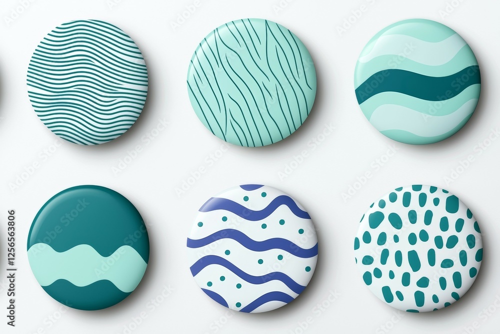 Poster collection of round buttons with various patterns and colors, including blue