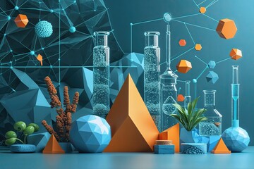 Revolutionary Healthcare and Biomedical Design Featuring Geometric Shapes in a Blue Green Science Background