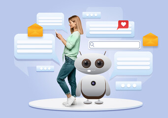 Obraz premium A woman interacts with a virtual assistant while messaging on a device. The background features chat bubbles and envelopes highlighting the AI's role in facilitating communication.
