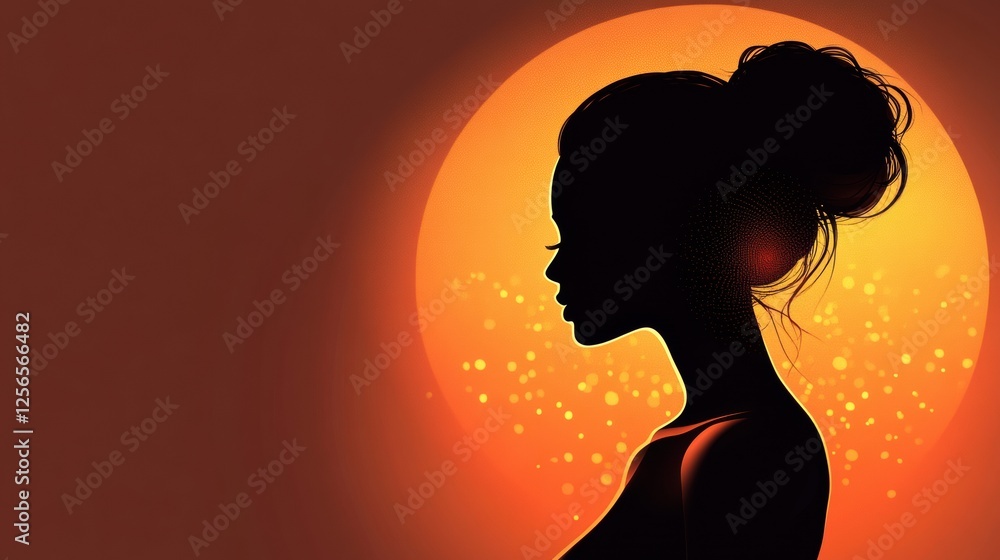 Poster model silhouette against a vibrant sunset with glowing light and minimalist style for creative space