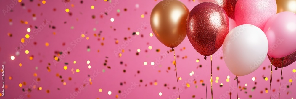 Aufkleber Festive party backdrop featuring shimmering tinsel and colorful balloons in a minimalist setting ready for celebration. Generative AI