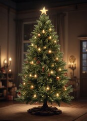 Christmas tree lit up at night, lights, winter