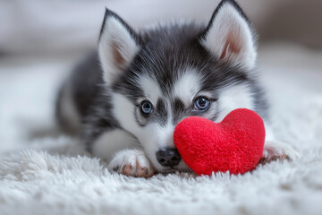 Fototapeta premium Adorable husky puppy with a heart toy, fluffy and snuggly dog perfect for pet lovers