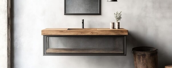 Industrial floating vanity with a metal mesh frame and rugged wood finish