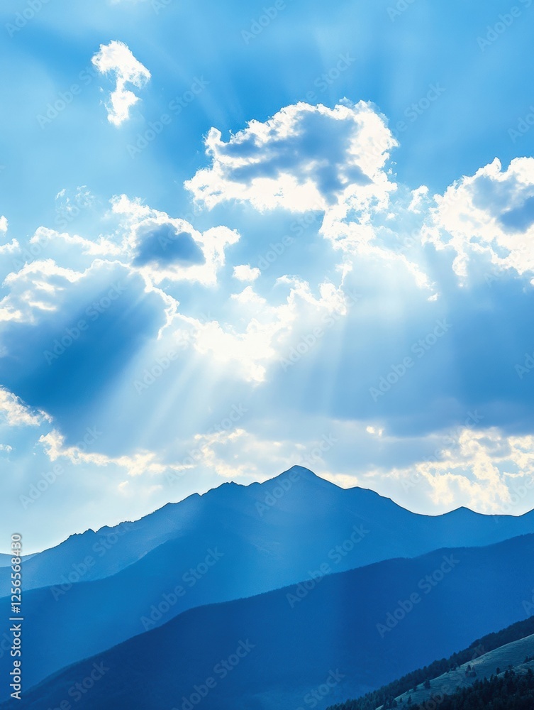 Aufkleber Majestic mountain range under soft clouds in bright blue sky with empty space for creative text. Generative AI