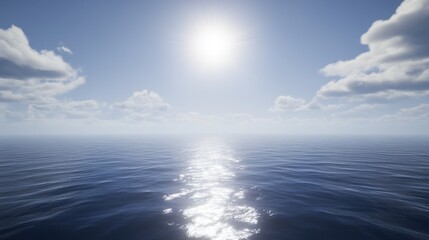 Obraz premium Calm ocean waves shimmering under bright sunlight, clear horizon.