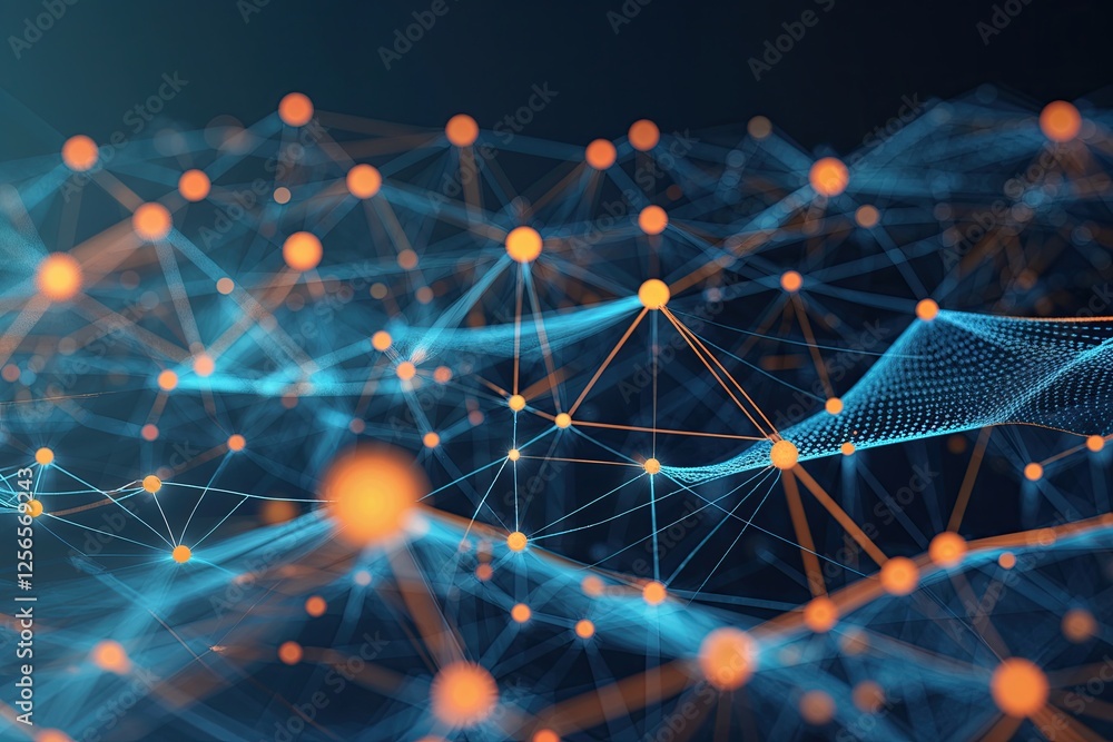 Poster digital data visualization with abstract technology background featuring connecting lines and dots