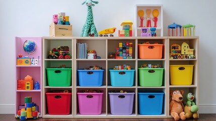 Children's toy storage with colorful bins and wall-mounted shelves.