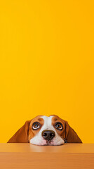 Beagle dog adorably peeking over table with yellow background and cute eyes