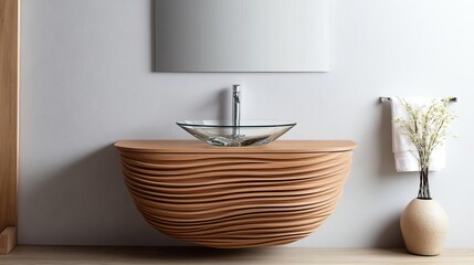 Oval floating vanity with a sculptural wooden base and glass vessel sink