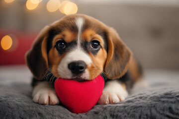 Beagle puppy dog with heart, love and cuteness overload for adorable pet lovers