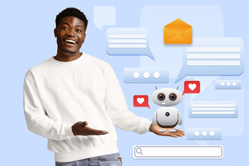 African American guy smiles while interacting with a virtual assistant. Background features chat...