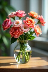 Fototapeta premium Delicate floral arrangement on a wooden desk , nature, garden, still life