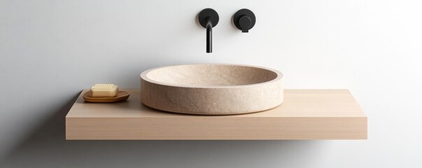 Slim-profile floating vanity with a natural stone basin and minimalist faucet