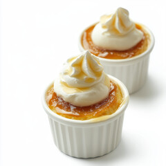 Delicious caramel-topped desserts in white ramekins, crowned with a swirl of whipped cream, set against a bright background.