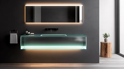 Ultra-modern glass floating vanity with illuminated under-lighting, futuristic bathroom concept