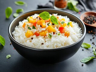 Cooked rice with curry in a bowl. Fluffy white rice topped with colorful curry in a bowl. Emphasizing flavor and international cuisine. Ideal for food blogs and recipe websites.