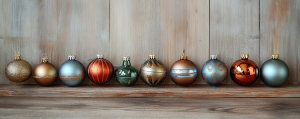 Naklejka premium Elegant array of colorful christmas ornaments on wooden background