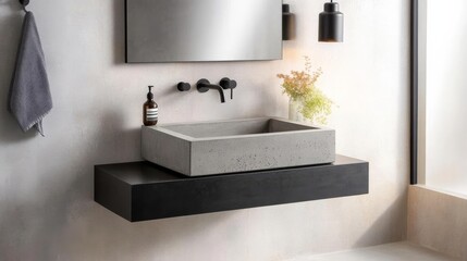 Urban loft-inspired floating vanity with a concrete basin and bold black fixtures
