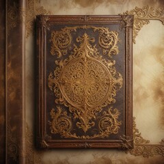 Distressed leather binding with ornate gold filigree against old paper background, ornamentation, filigree, gold