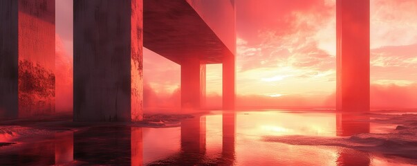 Surreal red architectural landscape with reflective waters at sunset