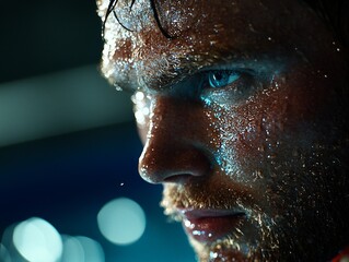 swimmer prosthetic arm prepares leap into pool water droplets shimmer on his skin and arm illuminated vibrant pool lights. focus captures intense concentration.