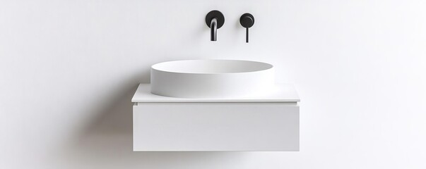 White floating vanity with a wall-mounted faucet and subtle texture details