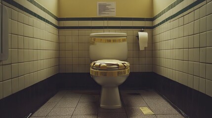A clean, white toilet bowl with duct tape applied in layers around the seat area.