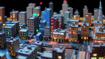 Tilt-shift photography capturing a miniature city at night, featuring glowing buildings, bustling streets, and vibrant cars, all coming together to create a captivating urban landscape
