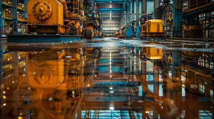 A polished, clean ironworks floor with neatly arranged machinery, reflecting a calm yet powerful atmosphere in an industrial setting. 