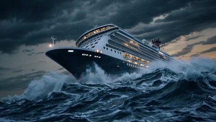 Large cruise ship sailing on rough seas during a storm at dusk, creating a dramatic and potentially dangerous scene, highlighting the power of nature and the vulnerability of even large vessels