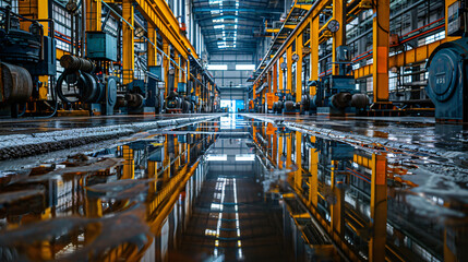 Fototapeta premium A polished, clean ironworks floor with neatly arranged machinery, reflecting a calm yet powerful atmosphere in an industrial setting. 