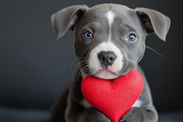 Cute pitbull puppy with a heart, adorable dog and pet in a playful and loving moment