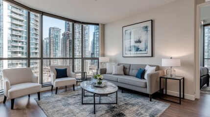 Luxury apartment with high-end furnishings and floor-to-ceiling windows.