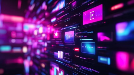 Virtual environment with neon icons and lights, evoking technology, social media, and digital interaction.