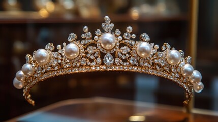 Luxury pearl and diamond tiara with intricate detailing.