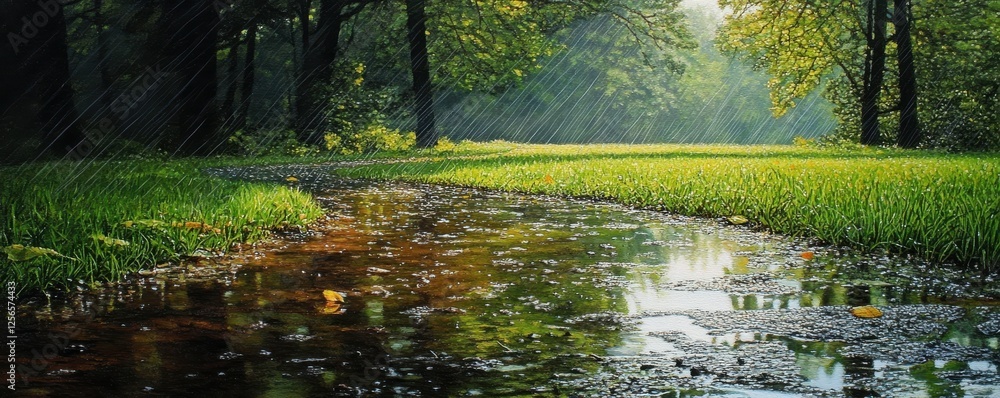 Poster serene forest stream in rain with sunlight filtering through trees