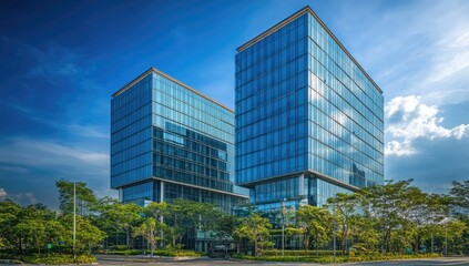 Modern Architectural Masterpiece Twin High-Rise Corporate Towers in a Lush Tropical Business District