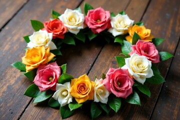 Naklejka premium Floral wreath on wooden table, table, flowers