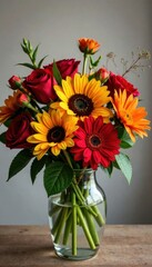 Flower arrangement of red roses, sunflowers, and dahlias in a vase, flowers, vase, flower
