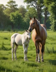 Fototapeta premium Foal standing alone in lush green meadow with mother unicorn mare grazing nearby, mare, peaceful