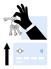 Hand grasping keyring, keys dangling over contactless card, and upward arrow. Ideal for security, access, finance, property, technology, key control digital payments in abstract line flat metaphor